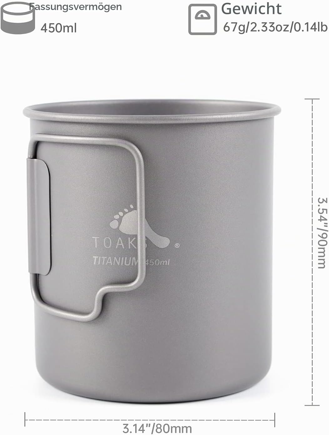 TOAKS 450 ml Titanbecher für Rucksackreisen, Camping, Kaffeekanne, ultraleichtes Campinggeschirr 450