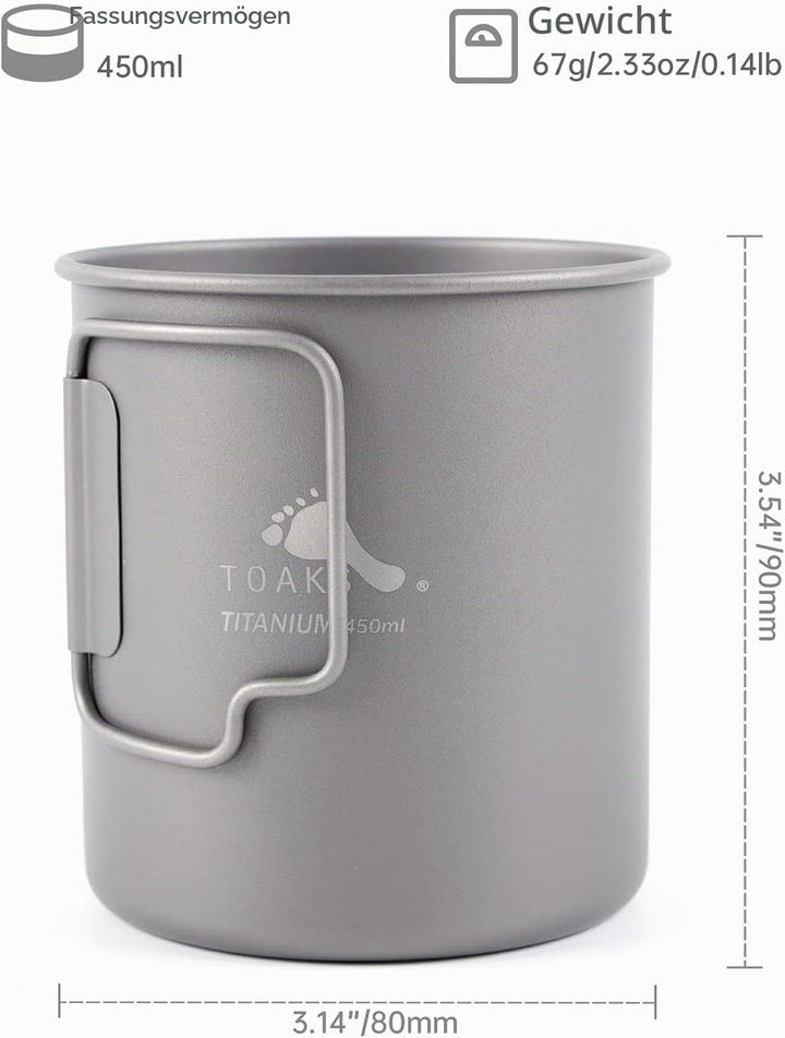 TOAKS 450 ml Titanbecher für Rucksackreisen, Camping, Kaffeekanne, ultraleichtes Campinggeschirr 450