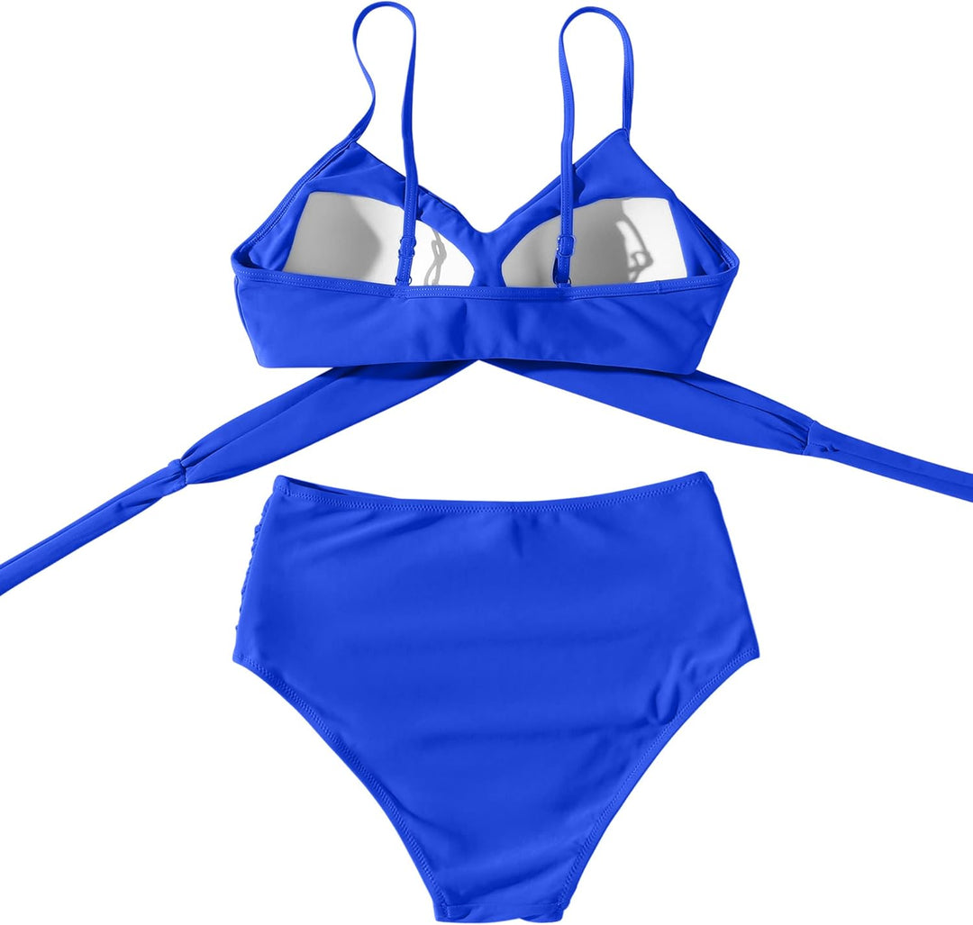 RXRXCOCO Damen Wickel Push Up Bikini Oberteil mit Bauchweg High Waist Bikini Set Bademode S Blau, S
