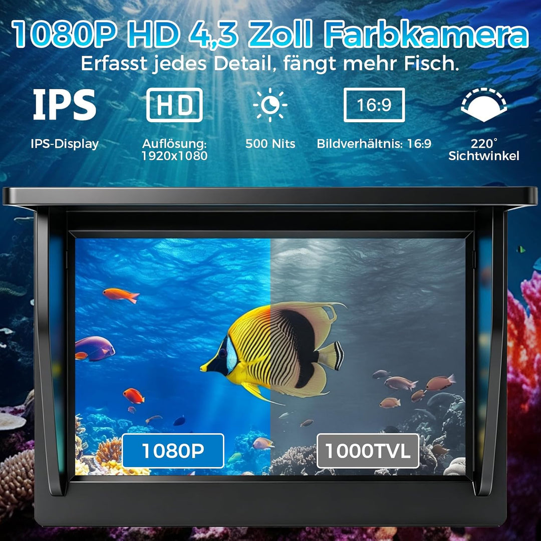 Unterwasserkamera Angeln,1080P HD Fischfinder mit 4.3-Zoll-LCD 15m Wasserdichtem IP68 Kabel 12 IR-Na