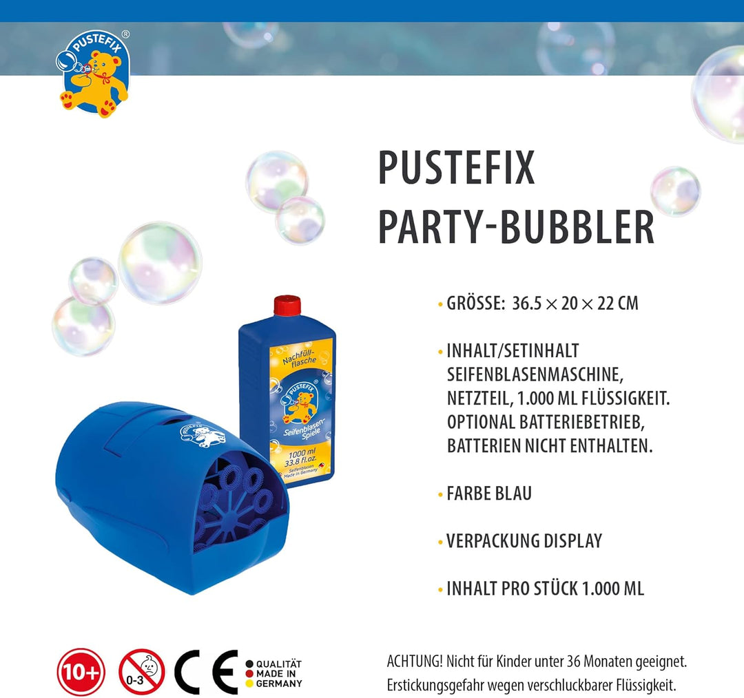PUSTEFIX Party-Bubbler blau I 1000 ml Seifenblasenwasser I Bunte Bubbles Made in Germany I Seifenbla