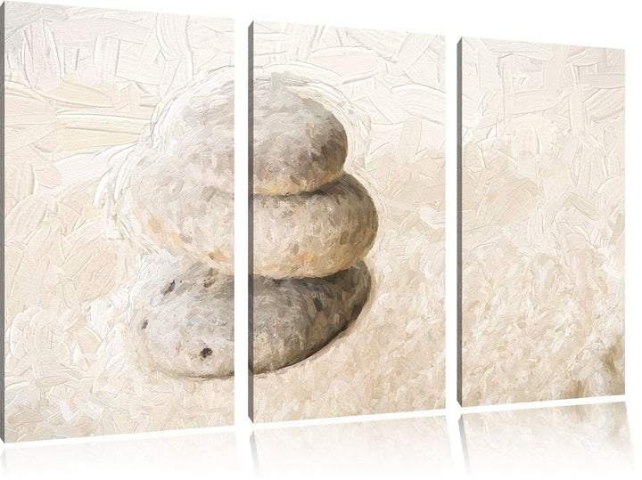 Pixxprint Steine im Sand mit Muster Pinsel Effekt 3-Teiler Leinwandbild 120x80 Bild auf Leinwand