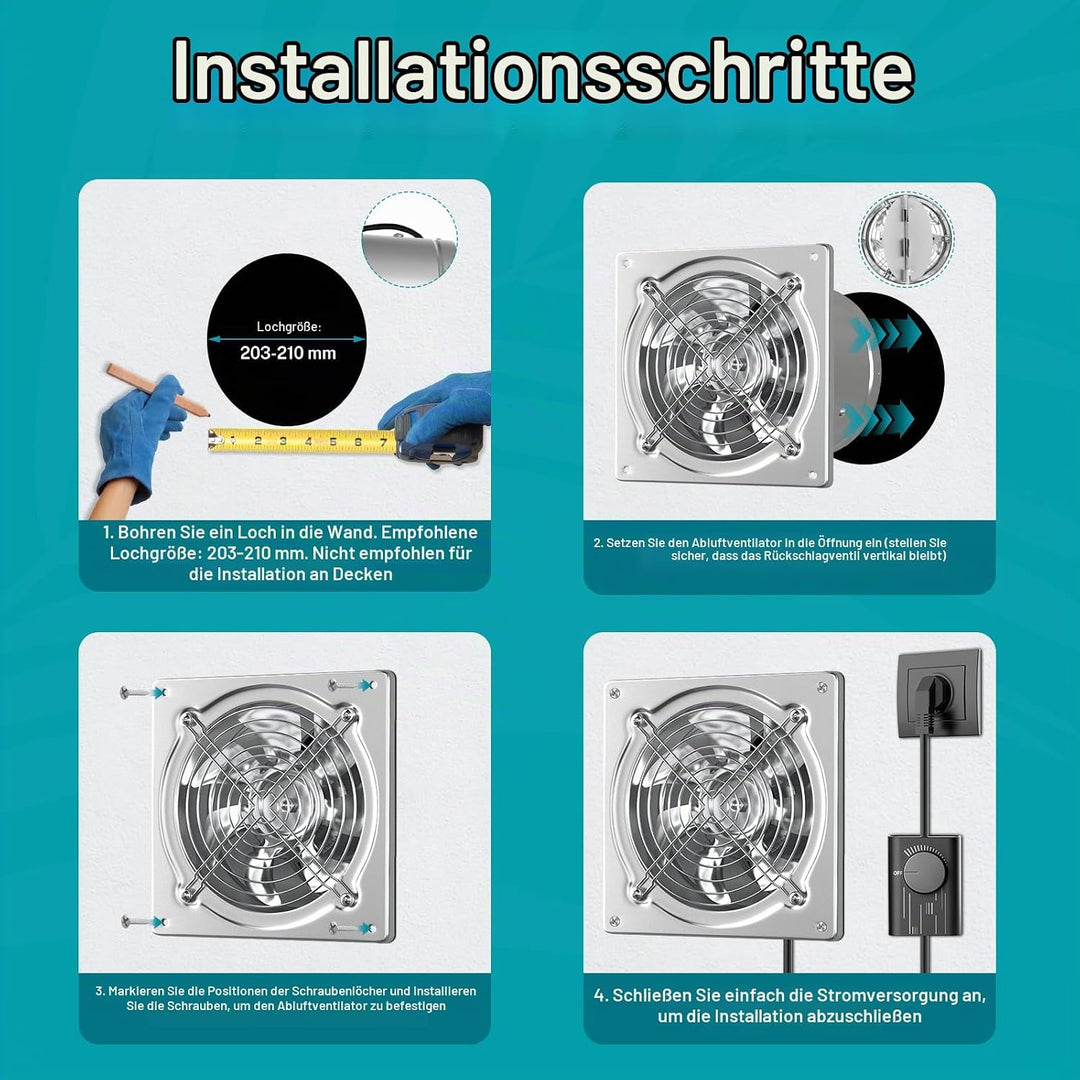 HG Power 200mm Abluftventilator, 980m³/h Wandventilator mit Rücklaufklappe Leistungsstarke mit EU-St