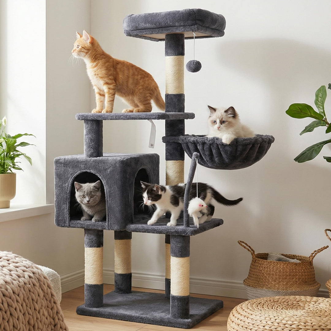 Hey-brother Kratzbaum, 111 cm Katzenbaum mit Spielzeug, Katzenkratzbaum mit Plattform, Hängematte un