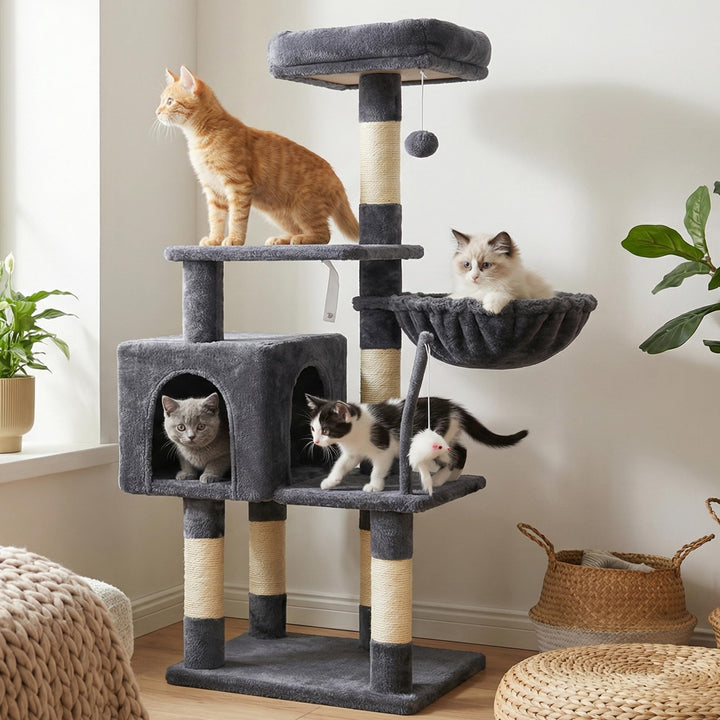 Hey-brother Kratzbaum, 111 cm Katzenbaum mit Spielzeug, Katzenkratzbaum mit Plattform, Hängematte un
