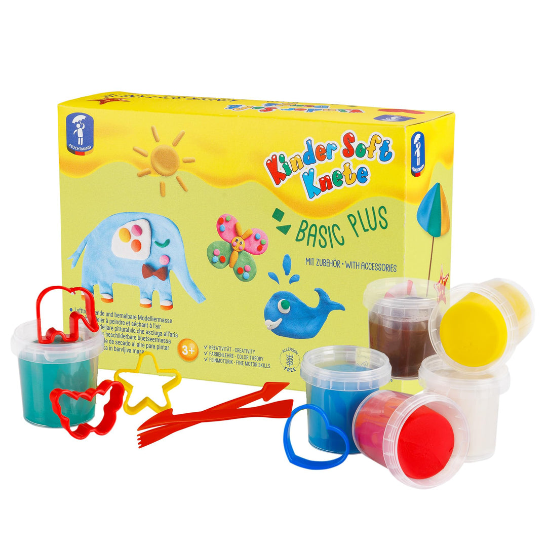 Feuchtmann KINDER SOFT KNETE Basic Plus - 6 x 150g weiche Kinderknete mit Zubehör, ungiftig, vegan u