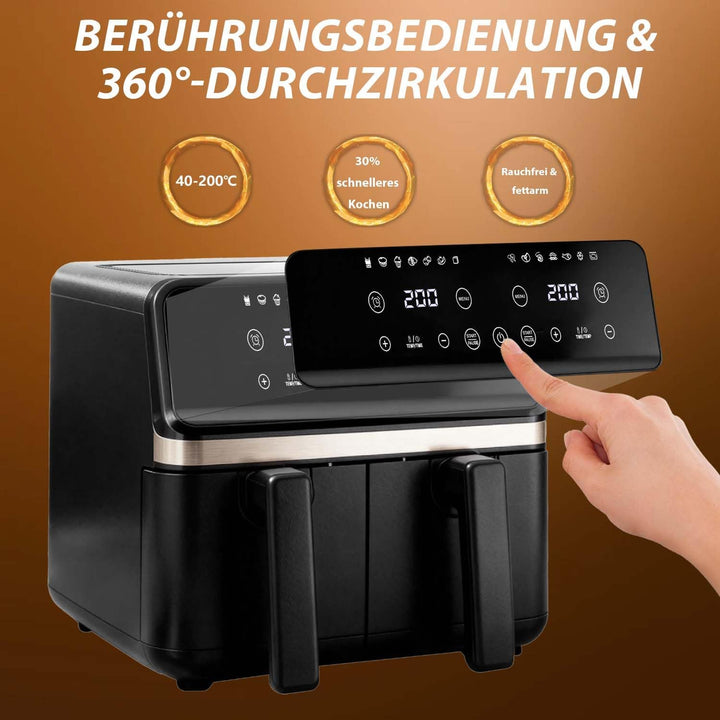 Heissluftfritteuse 2 kammern mit Sichtfenster, 8L Airfryer, 2 Fächer, 12-in-1, Touchscreen, Spülmasc