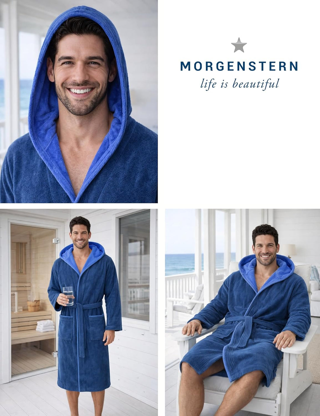 Morgenstern Bademantel Herren Kapuze 100% Baumwolle Frottee Velours Lang Finn M Blau, M Blau
