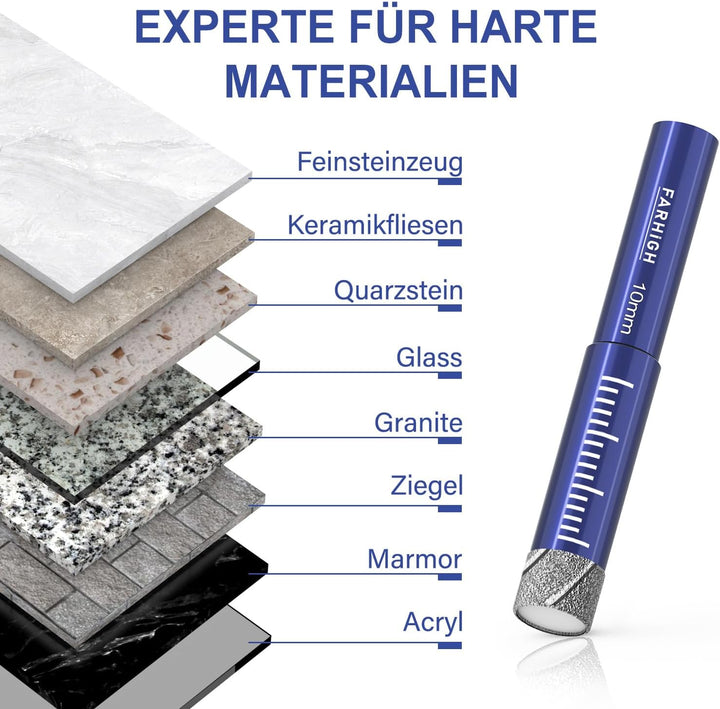 Diamantbohrer Fliesenbohrer Glasbohrer Set 6, 8, 10, 12mm &amp; 6mm Hartmetallbohrer für Keramik,Porzell