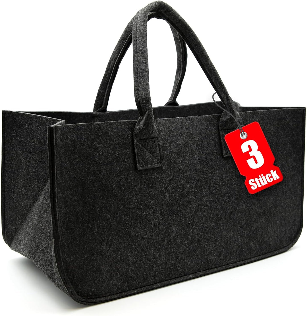 BigDean 3 Stück Filztasche gross in Anthrazit für Kaminholz oder als Shopper verwendbar – Kaminholzk