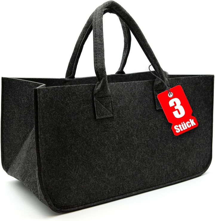 BigDean 3 Stück Filztasche gross in Anthrazit für Kaminholz oder als Shopper verwendbar – Kaminholzk