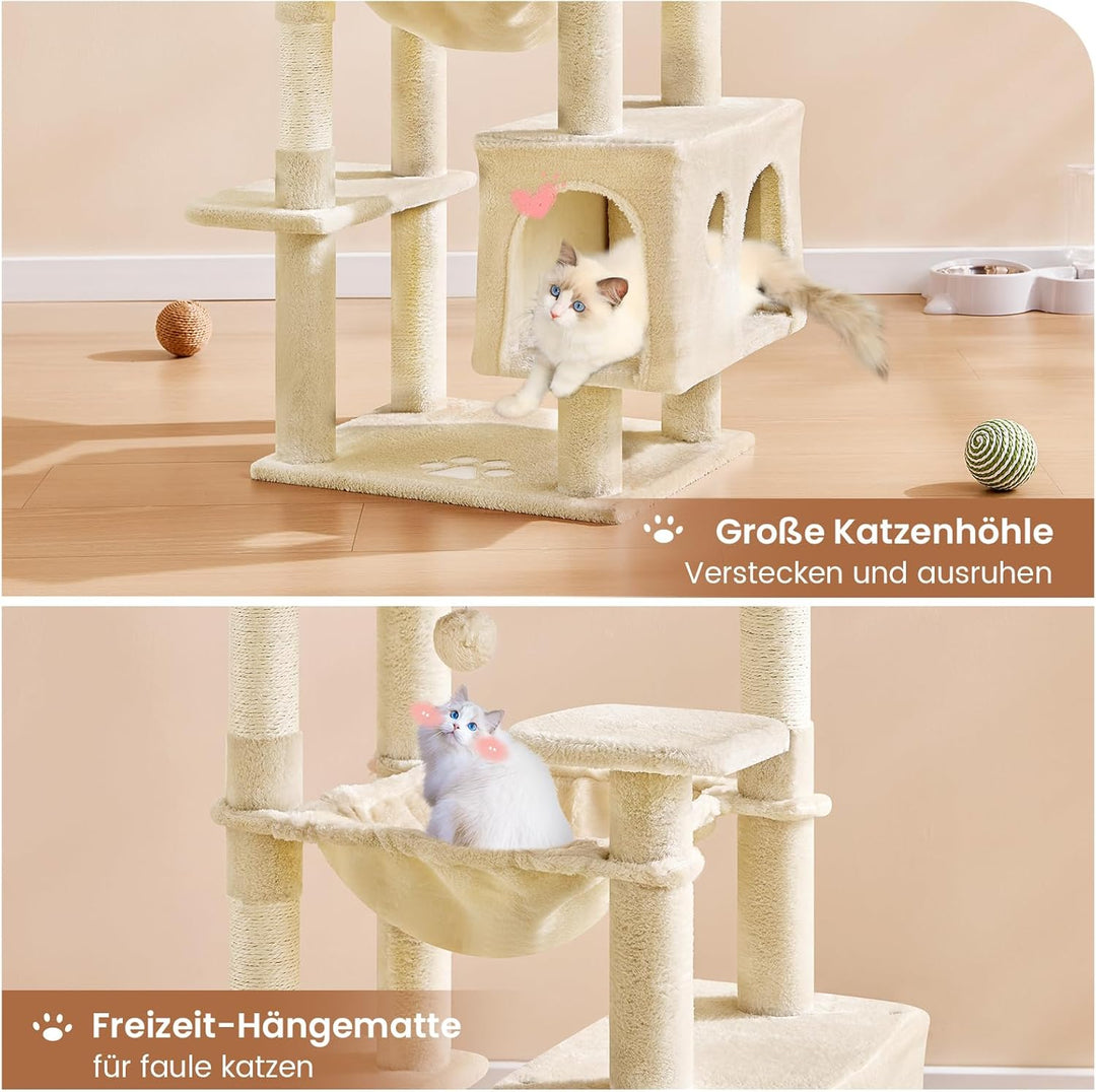 MSmask Kratzbaum gross, L Katzenbaum Stabil, Katzenkratzbaum mit 2 Plattformen, 2 Katzenhöhlen, Häng