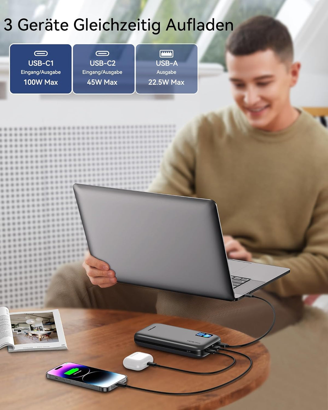 AsperX 100W 24000mAh Powerbank für Laptop MacBook iPad iPhone 17/16/15/14 | Gesamtleistung 145W PD3.