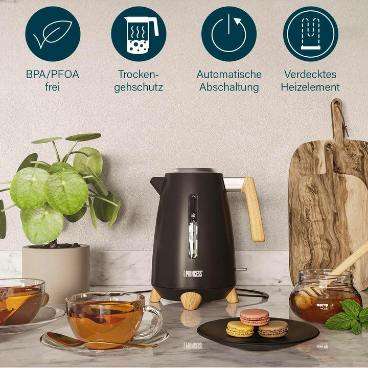 Princess Wasserkocher Pure - 1,7 L - Bambusdesign - 360° drehbar - 3000 W - Mattschwarz 1.7 Liter Sc
