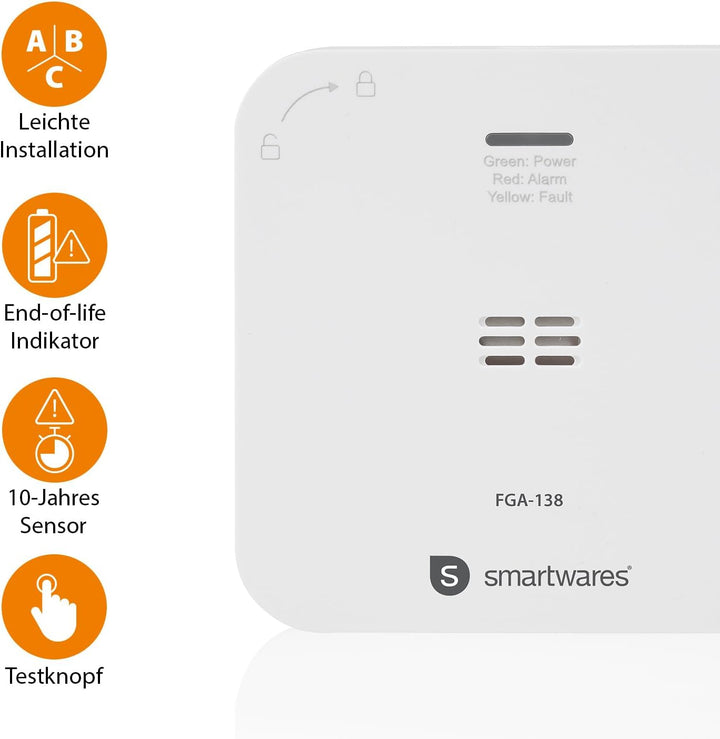 Smartwares Co-Detektor – 85 dB – Sensor 10 Jahre – Benachrichtigungen über App – Testknopf & Stummkn