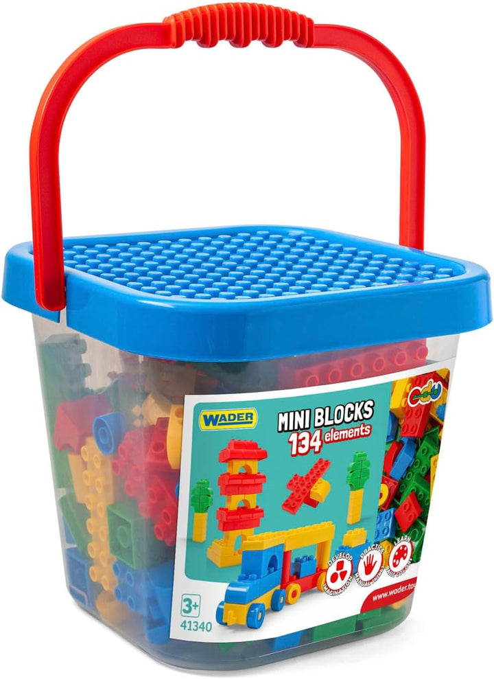 Wader 41340 - Mini Blocks Bausteine im grossen Eimer, 134 Bausteinen und Spieldeckel, für Kinder ab