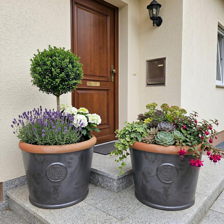 Pflanzgefäss Blumentopf Übertopf Krone Steinzeug glasiert Weiss Grau Türkis 34cm 45cm absolut Frostf