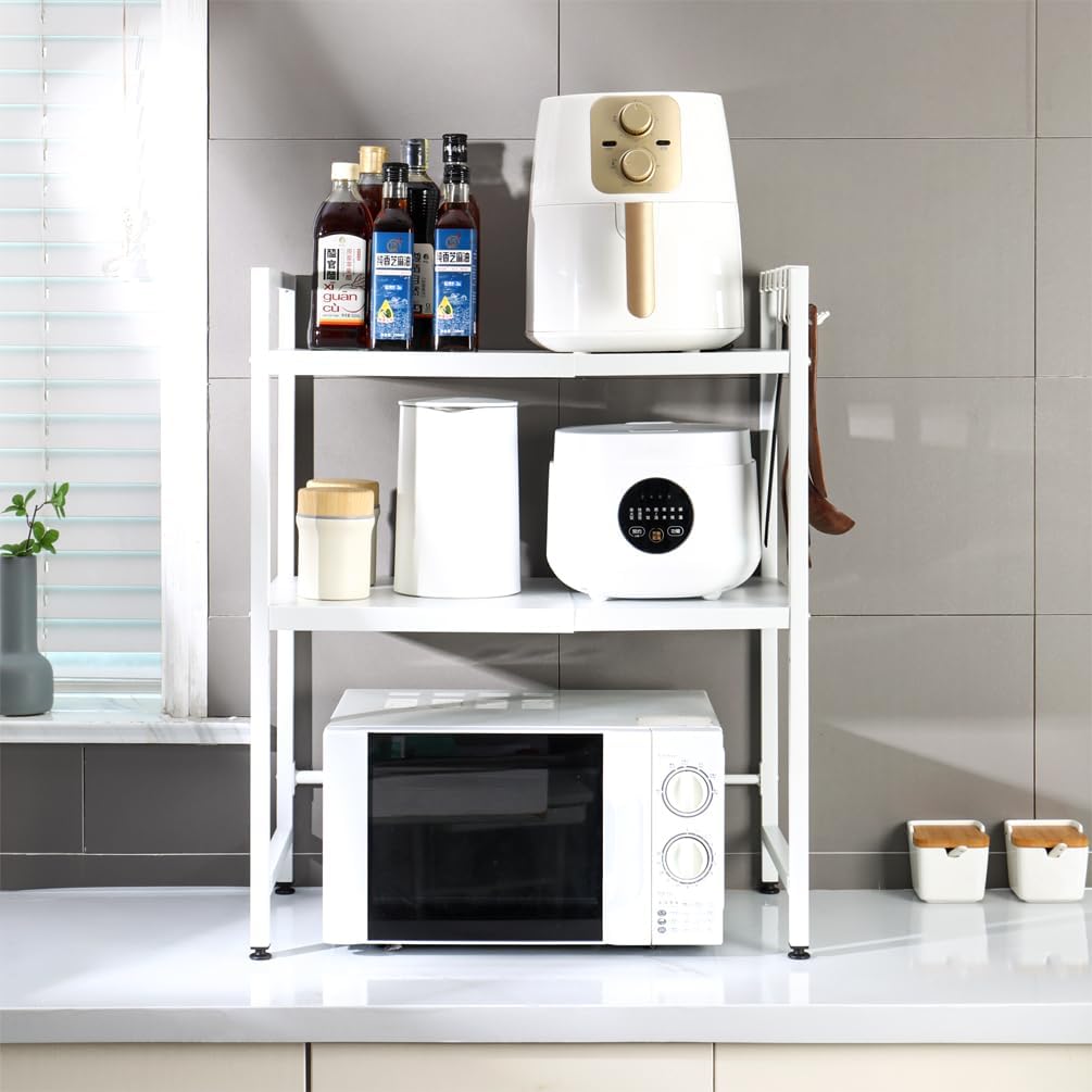 BAOYOUNI 2-stöckiges erweiterbares Mikrowellen-Regal, Ständer über Toaster, Bäcker-Regal, Badezimmer
