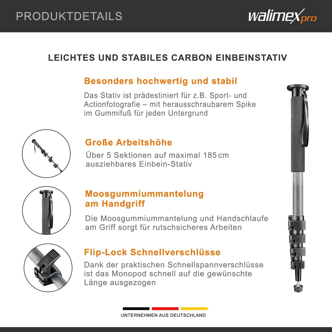 Walimex Pro WAL-1983 Carbon-Pro-Einbeinstativ (185 cm max. Höhe) ohne Kugelkopf, ohne Kugelkopf