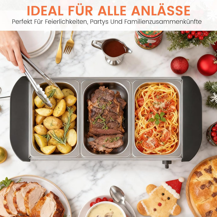 2in1 Warmhalteplatte und Buffetwärmer aus Edelstahl 200W mit 3x1,5L Speisebehältern Gleichmässige Wä