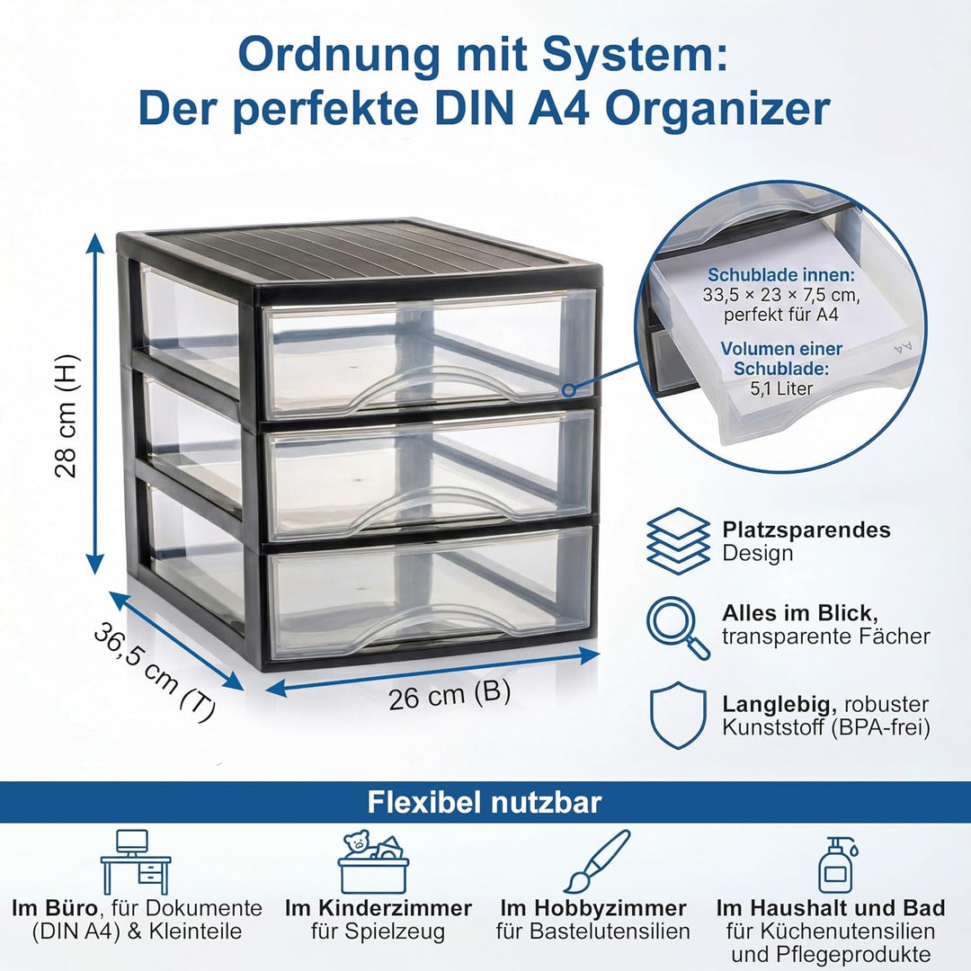 Hausfelder Schubladenbox A4 mit 3 Schubladen inkl. Aufkleber, Schubladenturm Box aus Kunststoff für
