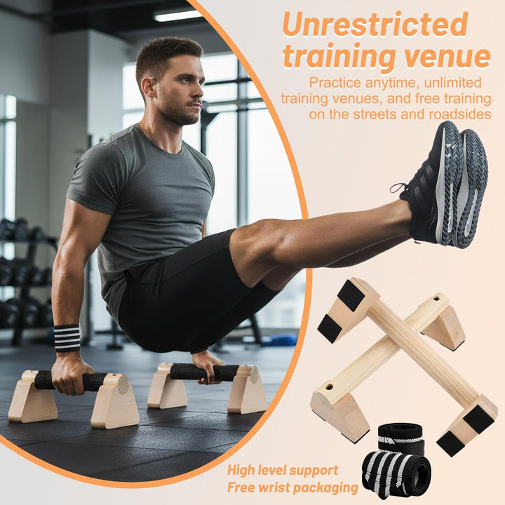 Liegestützgriffe Holz mit Handgelenkbandagen, 2 Stück 25cm Push Up Bars, Gelenkschonende Parallettes