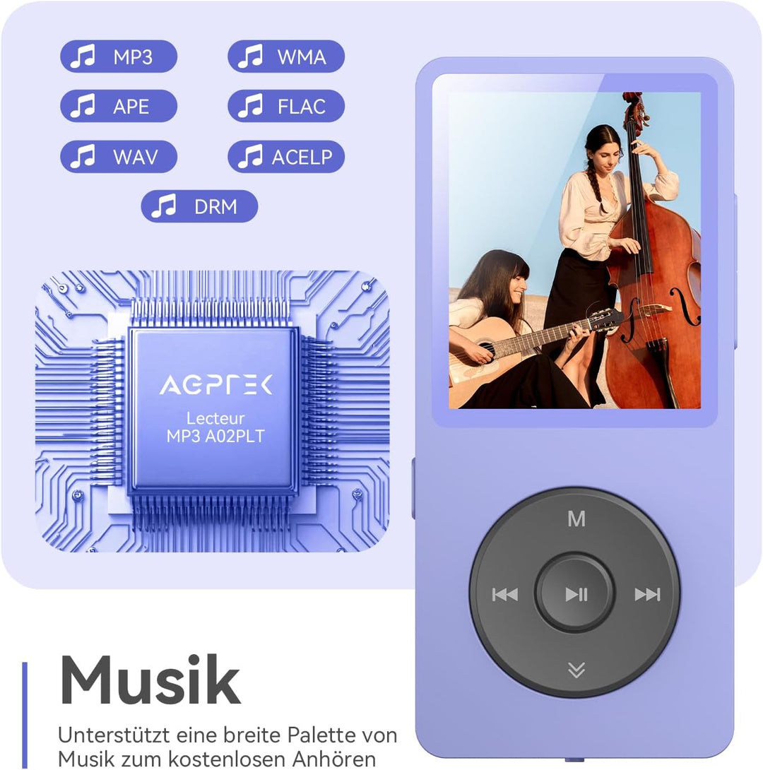 AGPTEK 64GB MP3 Player Bluetooth 5.3 mit Lautsprecher, 40 Stunden Akkulaufzeit Kleiner und klassisch