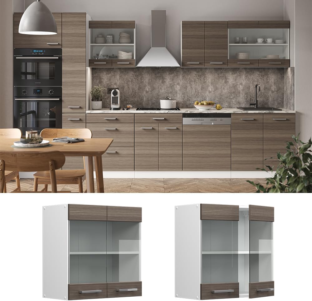 Vicco Küchenschrank Glas R-Line, Grau/Weiss, 60 cm Grau Hängeglasschrank 60cm, Grau Hängeglasschrank