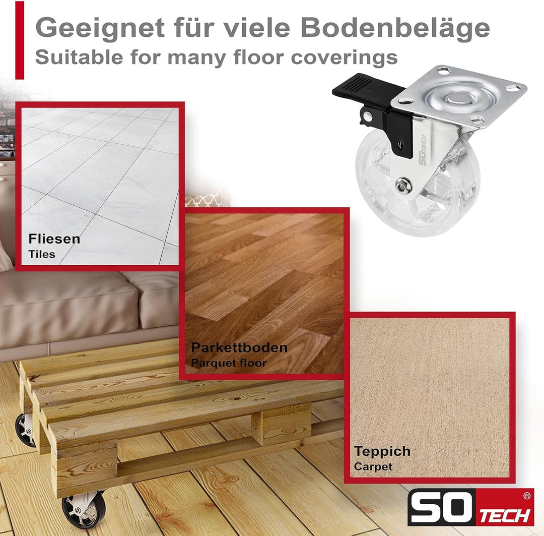 SOTECH 4 Stück Design Lenkrollen SHIFT Rollen-Ø 75 mm transparent mit Feststellfunktion, belastbar b