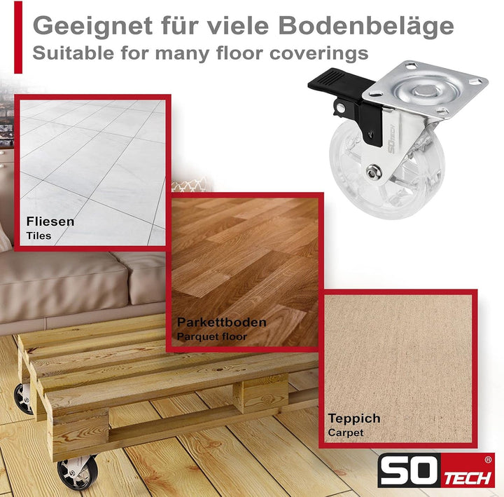 SOTECH 4 Stück Design Lenkrollen SHIFT Rollen-Ø 75 mm transparent mit Feststellfunktion, belastbar b