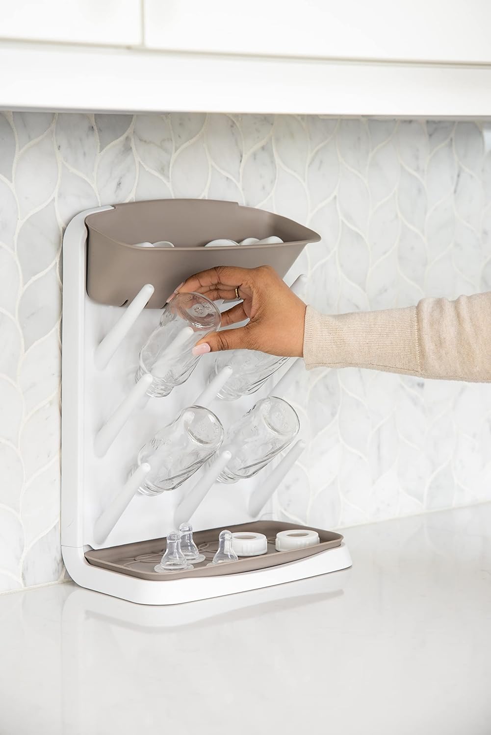 Ubbi Vertical Baby Bottle Drying Rack, Space Saving Countertop Drying Rack Baby Accessory, Taupe, Ta