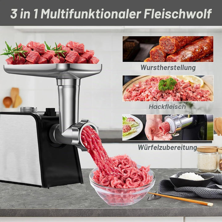 Fleischwolf Elektrisch, 3 in 1 Elektrischer Fleischwolf mit 3 Platten, Wurstfüller und Kubbe Kit, Ha