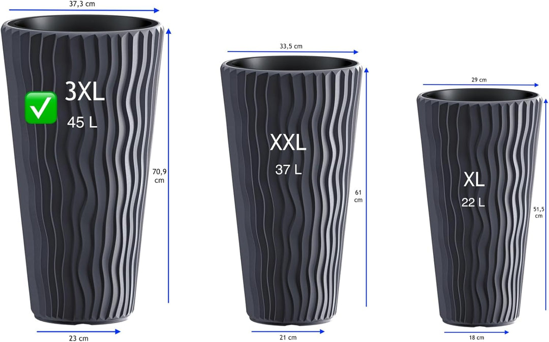 MELTOM Blumentopf mit vertikaler Wellenoptik herausnehmbarem Einsatz Hoch 3D Effekt in Anthrazit 3XL