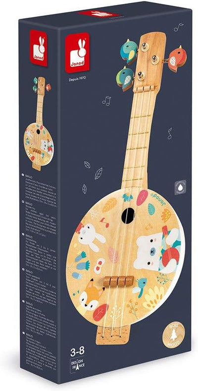 Janod - Pure Banjo - Holz Musikinstrument für Kinder mit Hübschen Illustrationen - Stimmschlüssel in