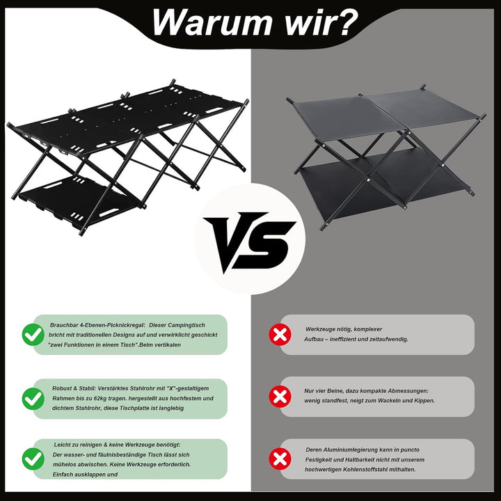 Klapptisch Campingtisch Camping Schrank Klappbar 2-in-1 Kohlenstoffstahl 95x 45x 32cm, Beine für Par