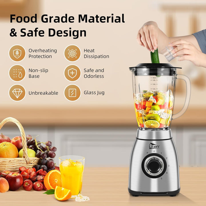 Uten Standmixer 2L, 1800 W Mixer Hochleistungsmixer und Smoothie Maker, Pulsfunktion und 5 Geschwind