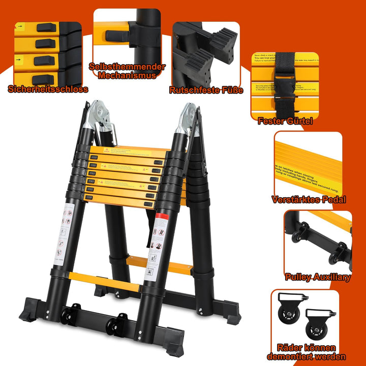 Herrselsam 5m(2.5m+2.5m) Teleskopleiter Klappleiter Aluminium, Mehrzweckleiter mit Tragegriff, Rutsc