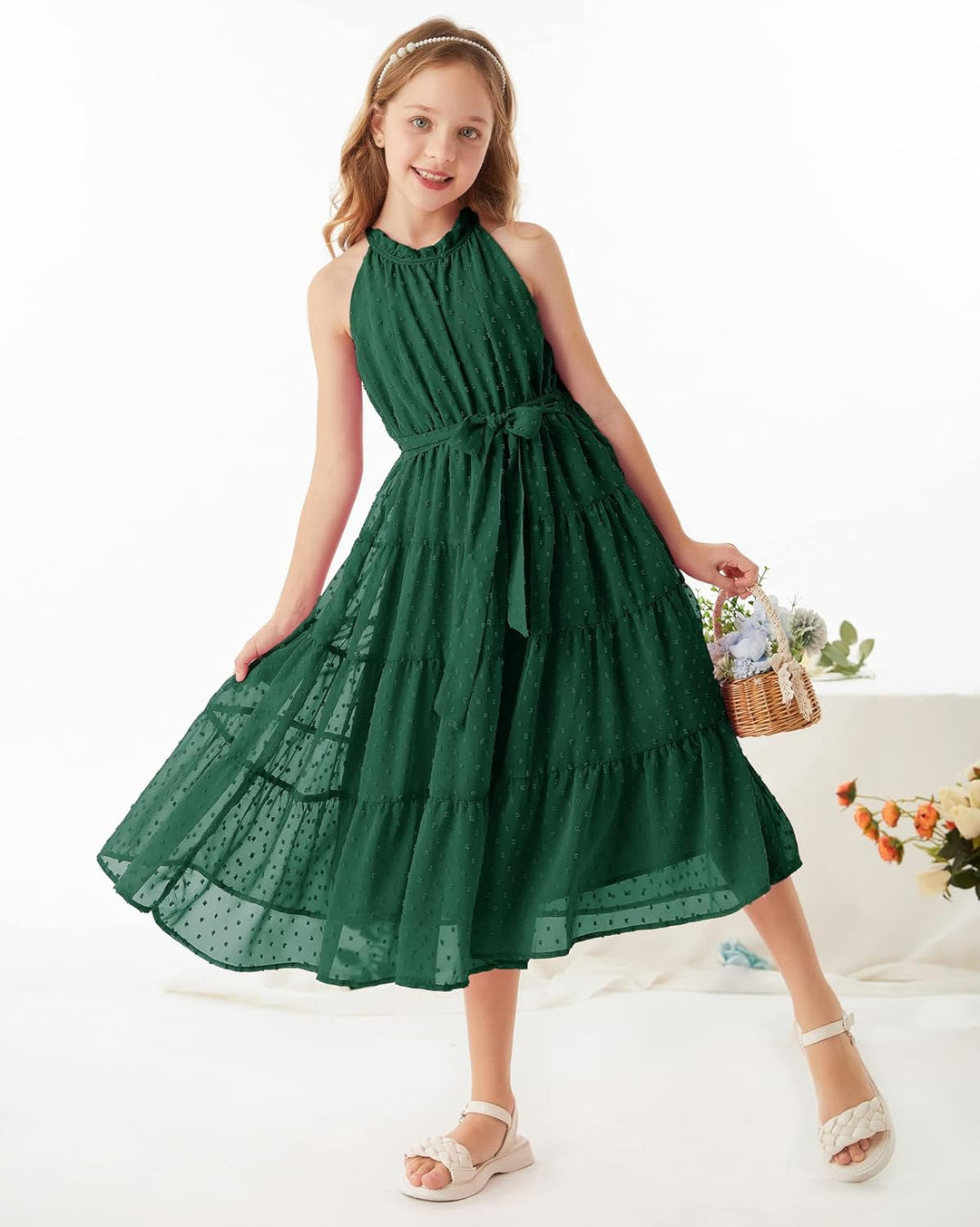 GRACE KARIN Mädchen Prinzessin Kleider Neckholder Swiss Dot Kleid A-Linie Maxikleid Casual Party Fes