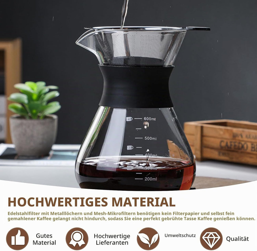 Pour Over Kaffeebereiter, 600 ml Borosilikat Glaskanne mit doppelschichtigem Edelstahlfilter, Perman