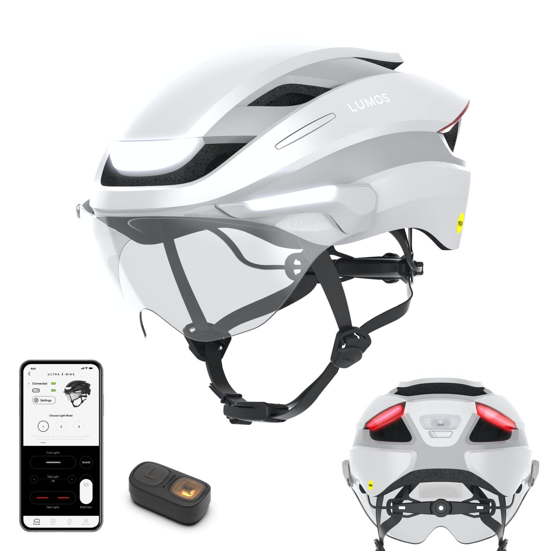 Lumos Ultra E-Bike Smart Helmet | NTA 8667 Certified | Front & Rear LED Lights | Retractable Face Sh