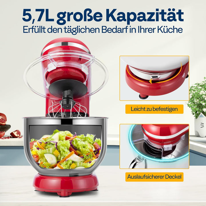 VIVOHOME Küchenmaschine 5,7L Knetmaschine 1500W Küchenmaschinen mit 10 Geschwindigkeiten Pulsfunktio