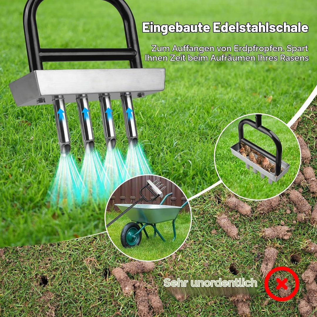 Rasenbelüfter mit 4 Edelstahl-Kern &amp; Ablageschale, Manueller Rasenlüfter mit T-Griff, Aerifizierer f