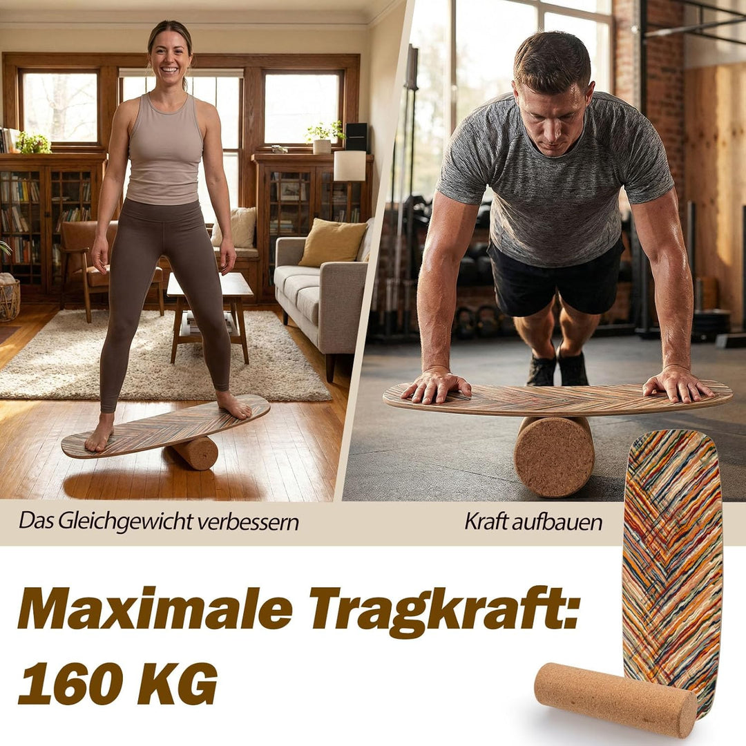 GYMAX Balance Board aus Birkholz, Wackelbrett mit Korkrolle, Indoor Surfboard für Surf-, Skateboard-