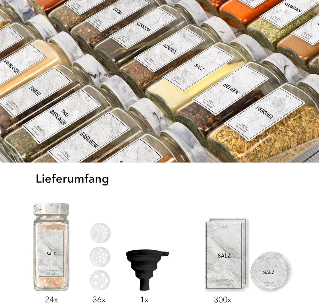 Greeano Mamor Weiss Gewürzgläser Set [24 x 120ml] mit 300 Gewürzetiketten [DE] - Gewürzgläser eckig