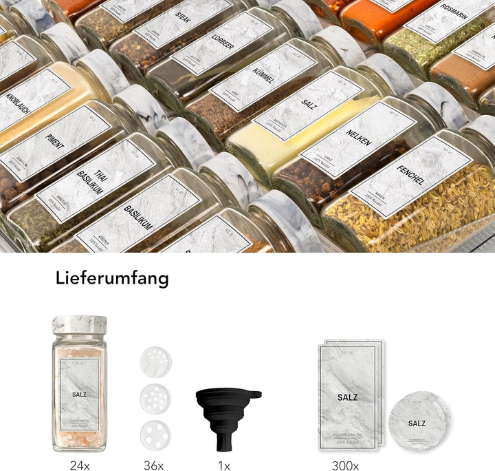 Greeano Mamor Weiss Gewürzgläser Set [24 x 120ml] mit 300 Gewürzetiketten [DE] - Gewürzgläser eckig