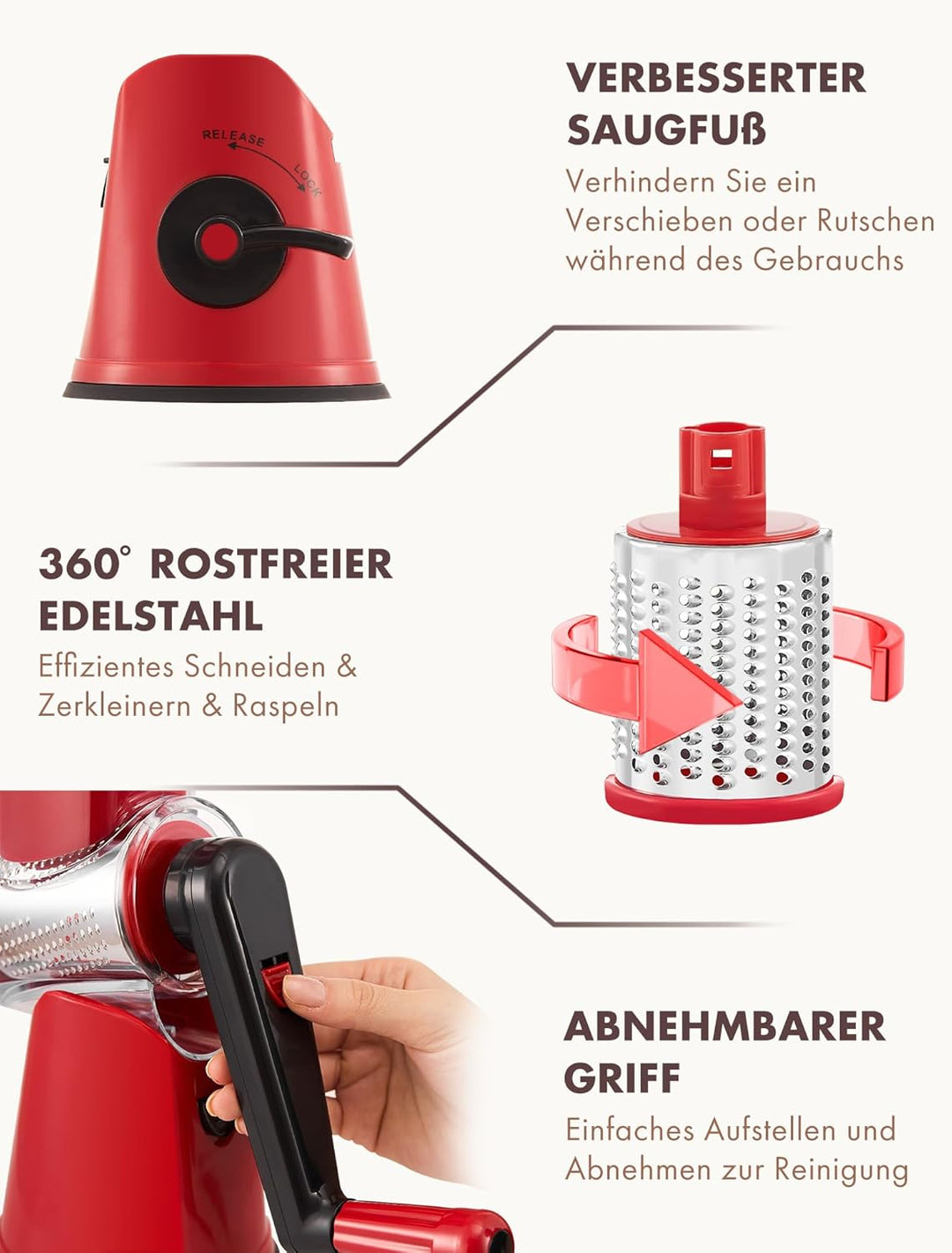 GDL Käsereibe mit Kurbel, Aktualisiert Reibe für Gemüse mit 5 Trommelblättern, Trommelreibe Gemüsesc
