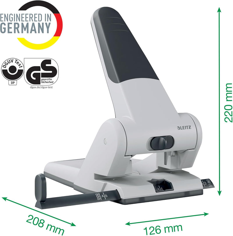 Leitz Extrastarker Registraturlocher, Metall, geeignet für bis zu 65 Blatt, Anschlagschiene mit Form