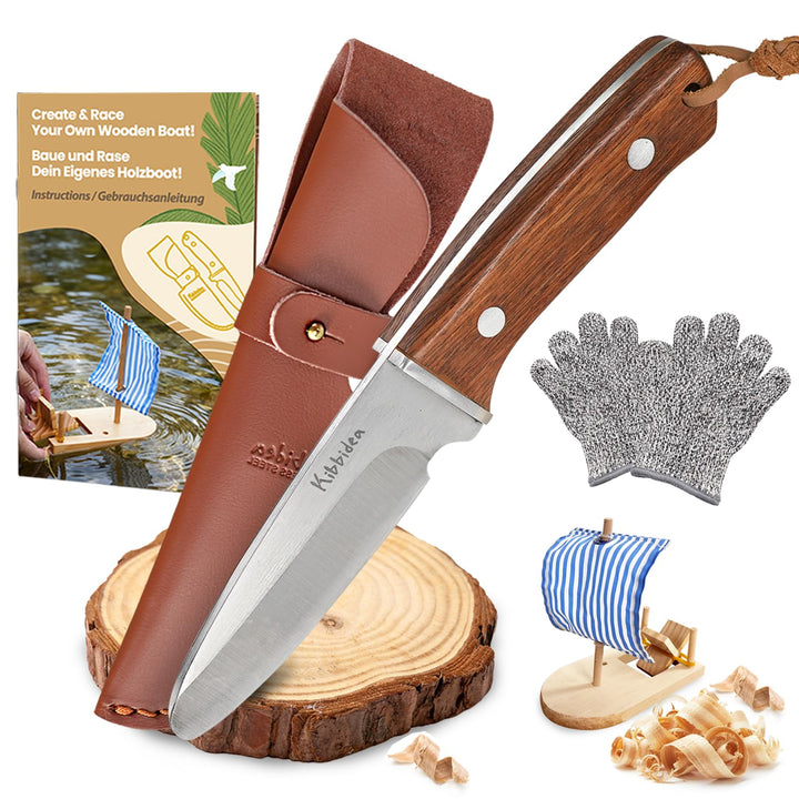 Kibbidea Schnitzmesser für Kinder, Edelstahl, Sicheres Taschenmesser, Lindenholz, Schnitzen-Komplett