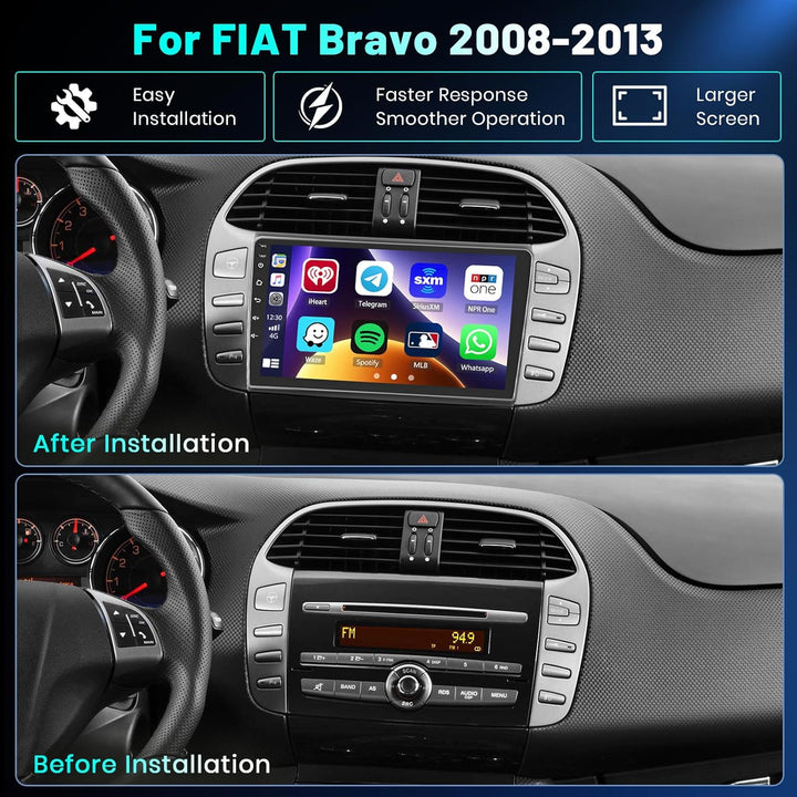 Hikity 4+64GB Android 15 Autoradio für FIAT Bravo 2008-2013 Mit Wireless Carplay Android Auto, 9 Zol