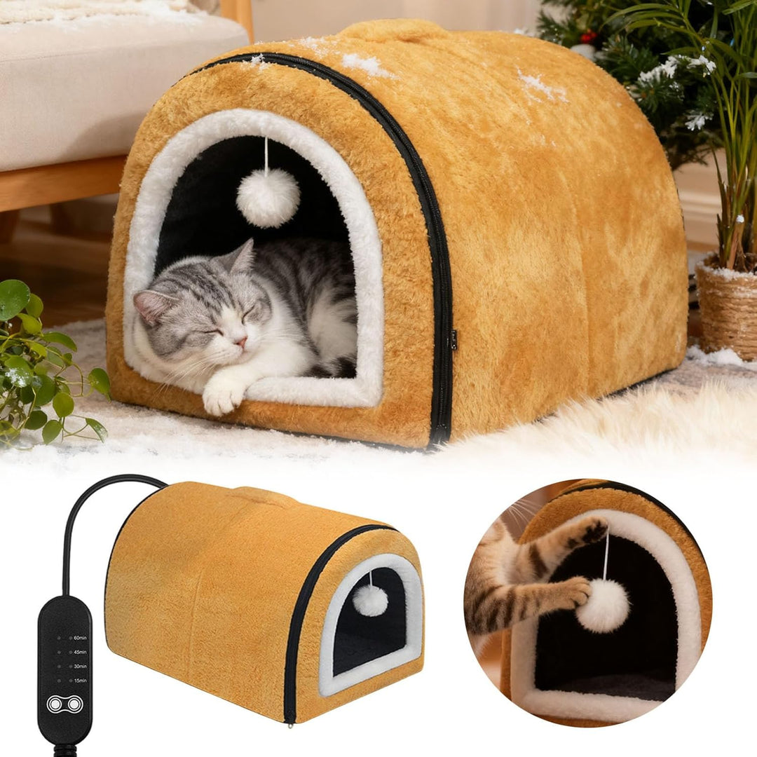 Beheiztes Katzenbett Katzenhöhle, Abnehmbare Halb-Umschliessende Nestform mit Gewölbtem Dach & Tempe